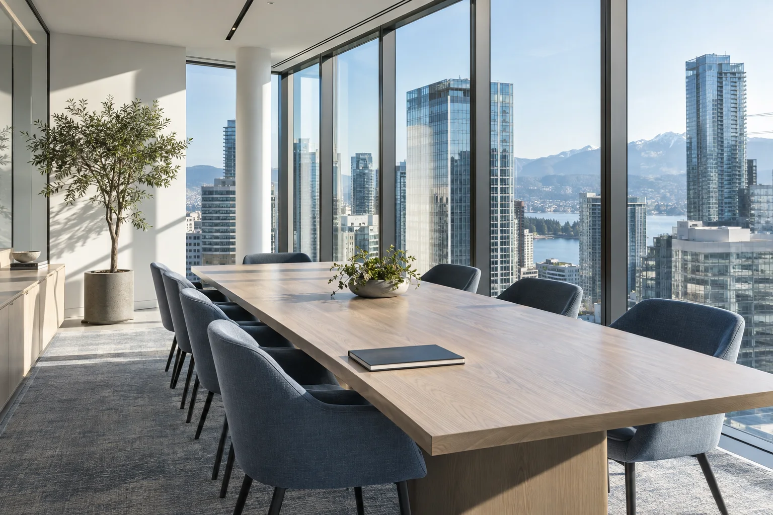 Illustrative daylight meeting space with blue-grey chairs and city views